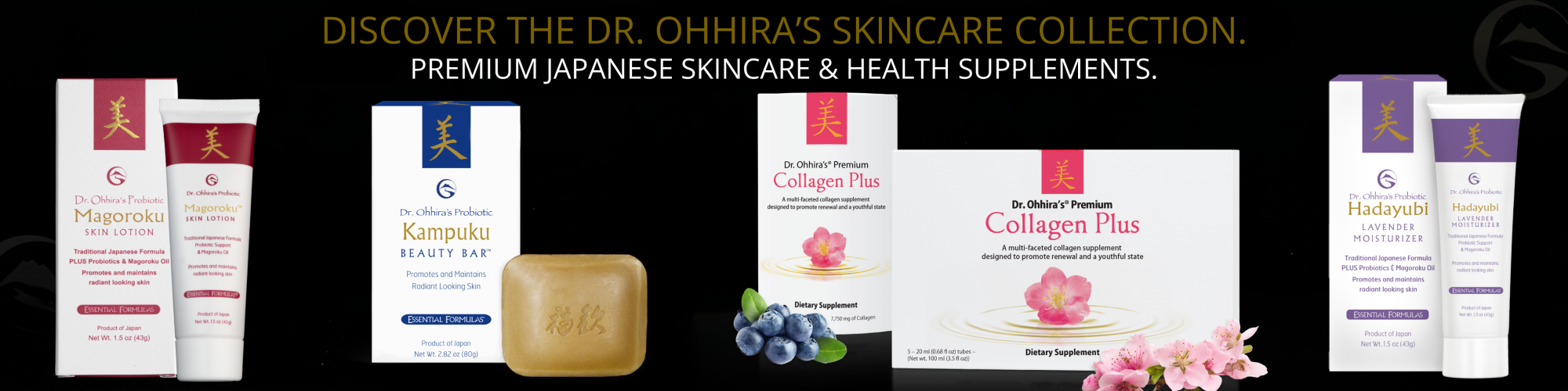 skincare banner with magoroku, kampuku, collagen plus, and hadayubi